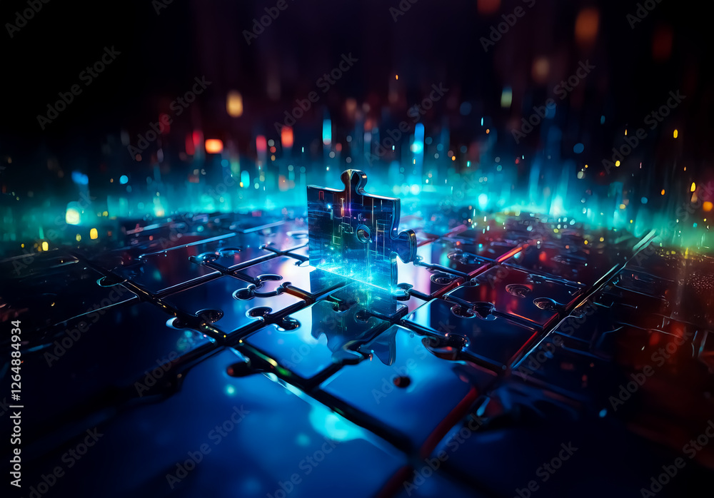 Fototapete a central glowing cube emits vibrant blue light, illuminating a dark grid surface. bokeh lights add 