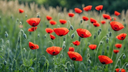 Obraz premium Vibrant field of red poppy flowers in bloom with green foliage and soft focus background Copy Space