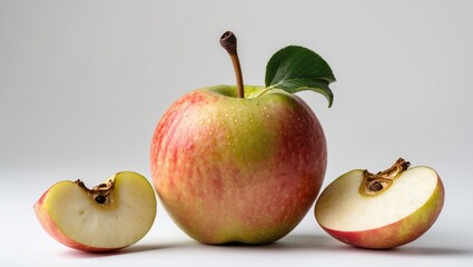 Fresh red and green apple with cut halves displaying seeds and a leaf on white background Copy Space