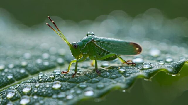 Green grasshopper perched on a dewy leaf showcasing nature's beauty at dawn in a tranquil environment