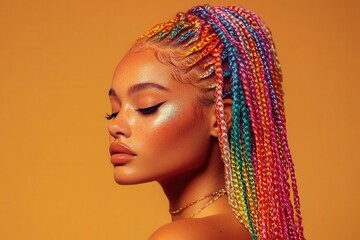 radiant portrait of woman with rainbow-colored box braids cascading against warm honey backdrop, soft beauty lighting, fashion editorial style