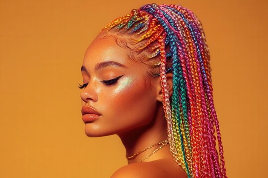 radiant portrait of woman with rainbow-colored box braids cascading against warm honey backdrop, soft beauty lighting, fashion editorial style