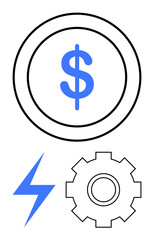 Dollar icon in a circle above a gear and lightning bolt. Ideal for finance, energy, technology, power generation, business strategy, cost efficiency, innovation. Abstract line flat metaphor