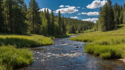 Obraz premium Scenic river flowing through green grass and forested landscape under blue sky with clouds Copy Space