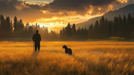 Majestic evening light, silhouetted figures in meadow, dog and human interaction, pine forest background, golden wheat field, dramatic sunset rays, emotional pet connection, mountainous horizon,