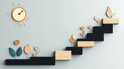 Stylish Stairway with Green Leaves and Clock in Soft Tones