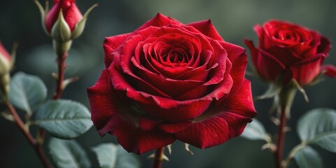 Fototapeta premium Close-up of vibrant red rose flower with green leaves and buds against a soft blurred background Copy Space