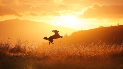 Rural sunset scene, warm orange backlighting, wild grass meadow, silhouetted dog jumping playfully, person seated in nature, autumn forest silhouettes, mountain backdrop, intimate pet photography,