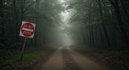 Entering Foggy Forest with Road and Do Not Enter Sign