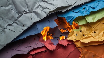 Crumpled colored paper with flames in between layers showing texture and vibrant colors copy space