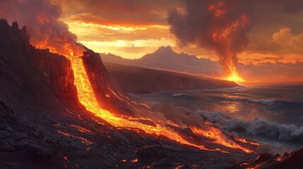 Active lava flow and explosion from the volcano on the Big Island of Hawaii during sunrise