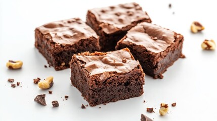 A stack of chocolate brownies on white background, homemade bakery and dessert. Bakery, confectionery concept