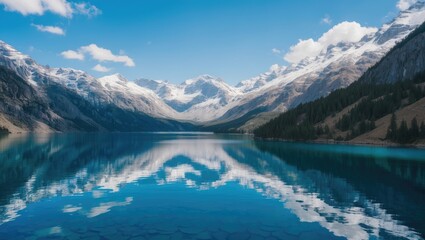 Mountain landscape with clear blue lake reflecting snowy peaks and clouds in the sky Copy Space