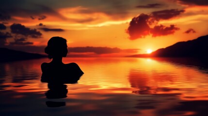 Feminine silhouette in still water, fiery sunset horizon, mountain landscape outline, reflective water surface, gradient evening sky, peaceful dusk colors, atmospheric nature photography