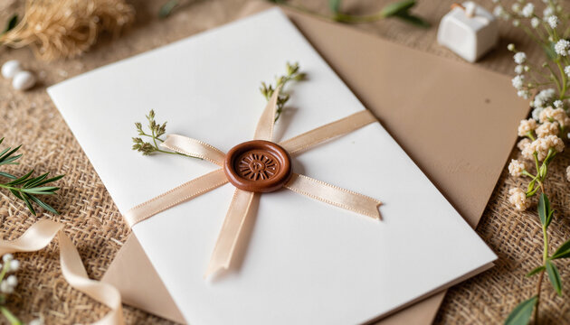Elegant wedding invitation with wax seal and rustic elements, charm
