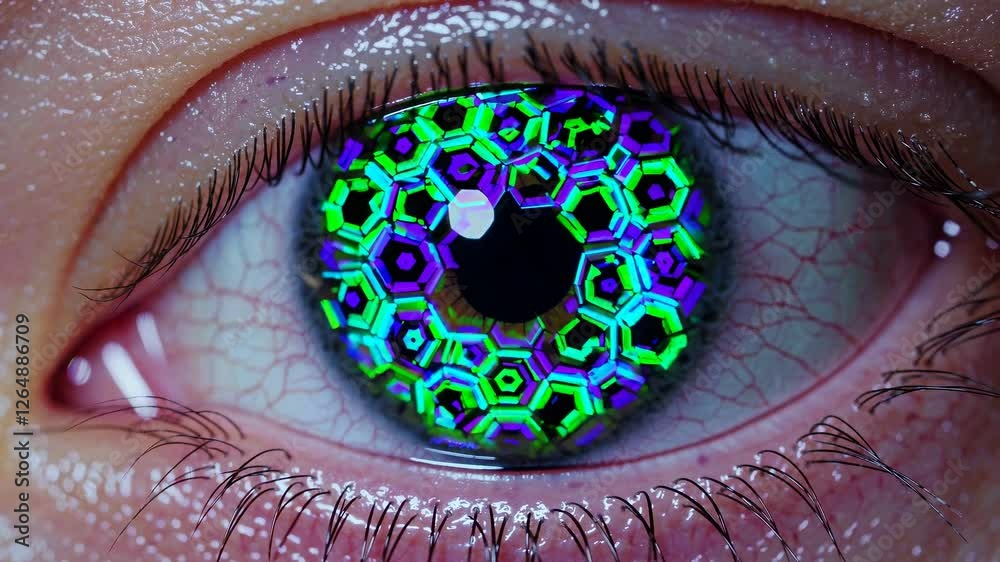 Fototapete creative eye art featuring hexagonal patterns with vibrant colors and intricate designs in close-up 