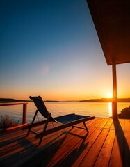 Fototapeta premium Sunset View from Wooden Deck with Lounge Chair by the Lake