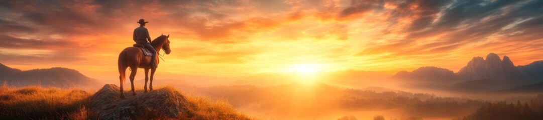 Obraz premium A cowboy riding a horse during a beautiful sunset in a serene landscape. Generative AI