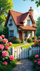 Fototapeta premium Cozy cottage, picket fence, blooming rose bushes, floral, vintage