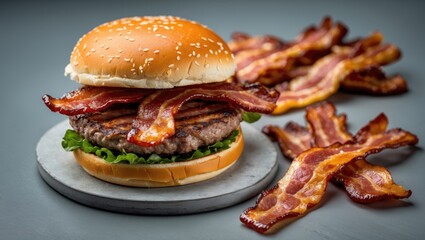 Bacon cheeseburger with lettuce on gray background surrounded by fried bacon strips featuring Copy Space