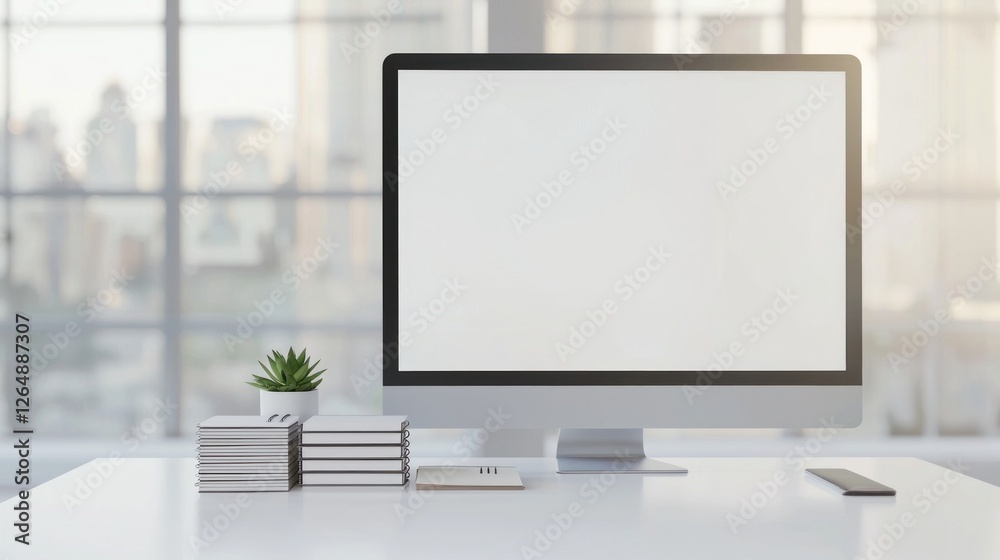 Poster Modern Minimalist Workspace with Empty Computer Screen and Office Supplies by Large Windows with City View