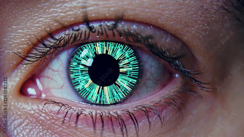 Poster futuristic eye technology showcases vibrant, glowing patterns and intricate details in a close-up vi