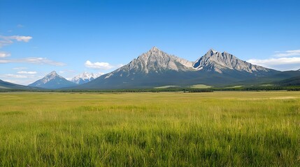 Fototapeta premium Expansive Green Meadow with Majestic Mountain Range Under a Bright Blue Sky
