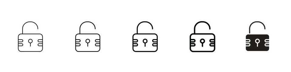 Set of 5 pixel perfect Unlock icon with 1 unexpanded, 1 silhouette, Unlock icon symbolizing access, security and freedom, for apps, websites and authentication designs