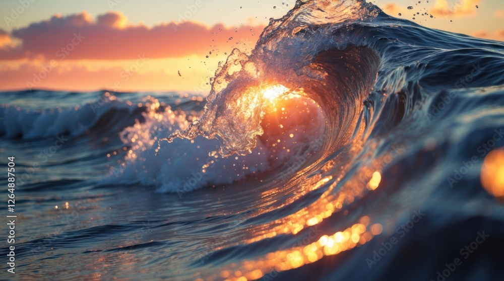 Poster Sunset over Ocean Waves with Sunlight Reflection Creating Sparkling Water Surface and Dramatic Cloudy Sky Copy Space
