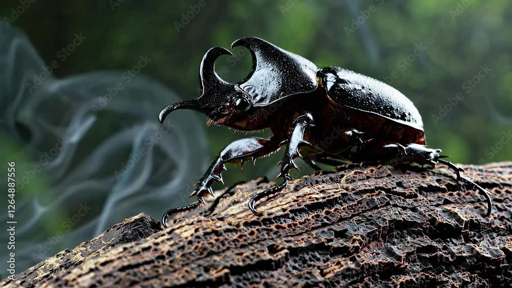 Poster Unique beetle crawling on a tree log in a tropical forest during daylight hours