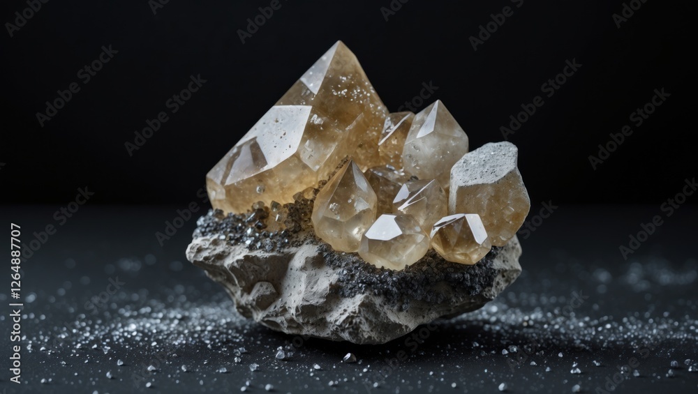 Poster stunning cluster of golden quartz crystals on a dark background with mineral base and scattered fine