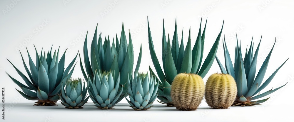 Poster Assorted Succulent Plants and Cacti in a Row with Neutral Background and Copy Space for Text