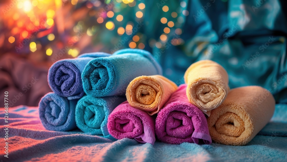 Poster rolled colorful towels stacked neatly with a blurred background of lights and soft textures, depicti