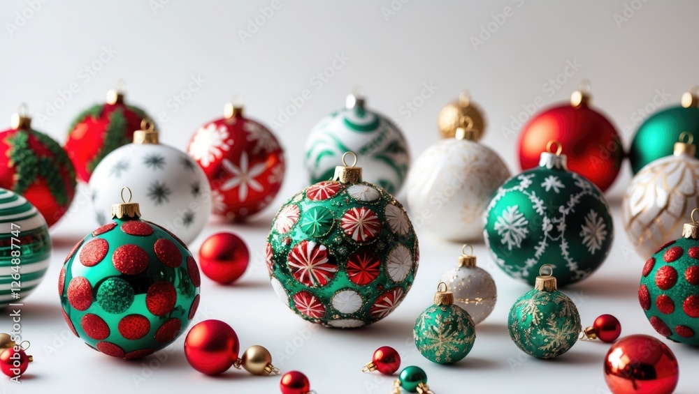 Aufkleber christmas ornaments in red green and white colors arranged on a light background with copy space for
