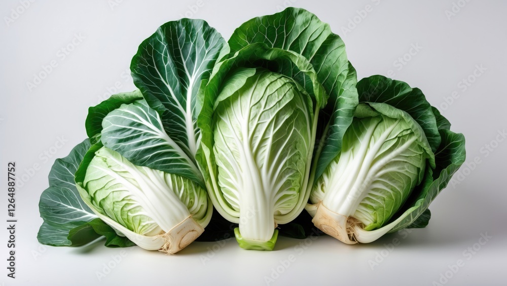 Poster fresh green napa cabbages arranged on white background with visible texture and detail copy space