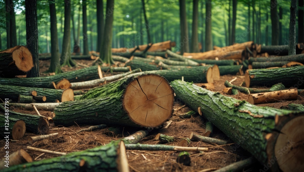 Poster Fallen tree logs in a lush green forest floor with natural light filtering through trees showing environmental impact and wood processing Copy Space