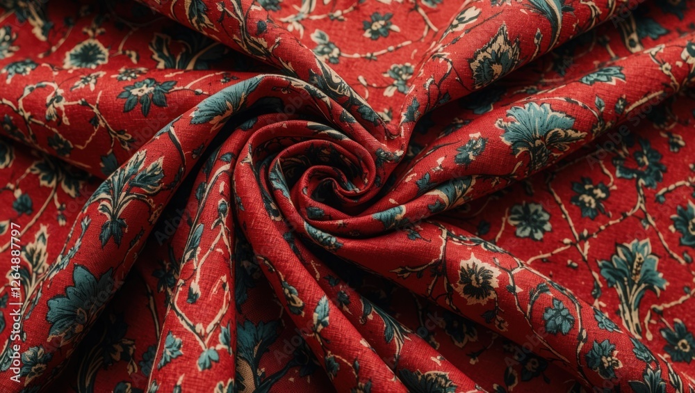 Poster red floral printed fabric with intricate design and swirling texture for textile backgrounds and fas
