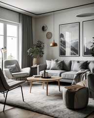 Fototapeta premium Cozy Scandinavian living room with neutral gray couch clean design and minimalist furniture perfect for creating a welcoming home vibe Modern Interior Design Inspiration