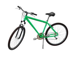 Green bicycle standing while leaning on kickstand, side view. Bike resting on kick stand. Png clipart isolated on transparent background