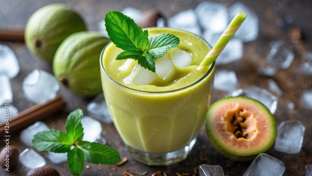 Aufkleber fresh green smoothie with mint leaves served in a glass with ice cubes and tropical fruits on a rust