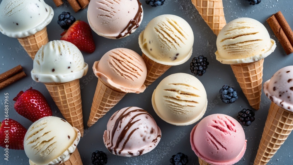 Poster assorted ice cream cones with various flavors garnished with strawberries, blackberries, and cinnamo