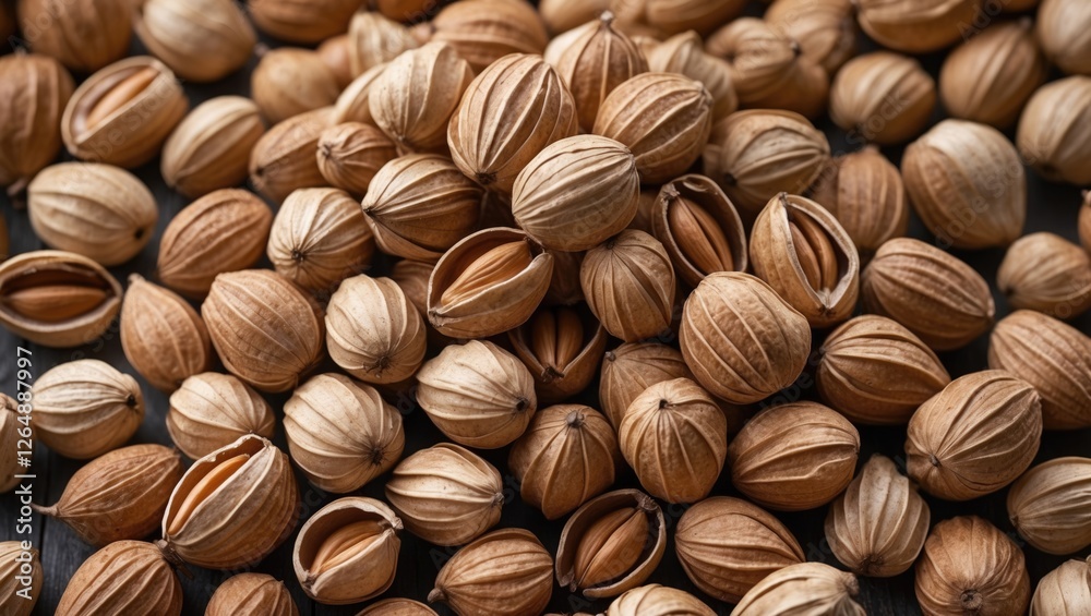 Poster brown dried seeds scattered on a wooden surface with varying textures and shapes copy space