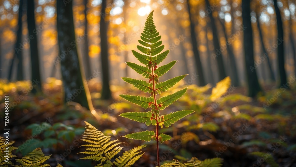 Aufkleber Fern plant in focus with backlighting in autumn forest creating a serene atmosphere with golden light and blurred trees in background Copy Space