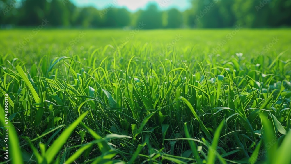 Poster Lush green grass field in sunlight with blurred background and vibrant foliage providing ample copy space for text placement