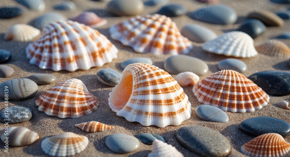 Poster seashells and smooth pebbles on sandy beach surface natural textures and colors with copy space