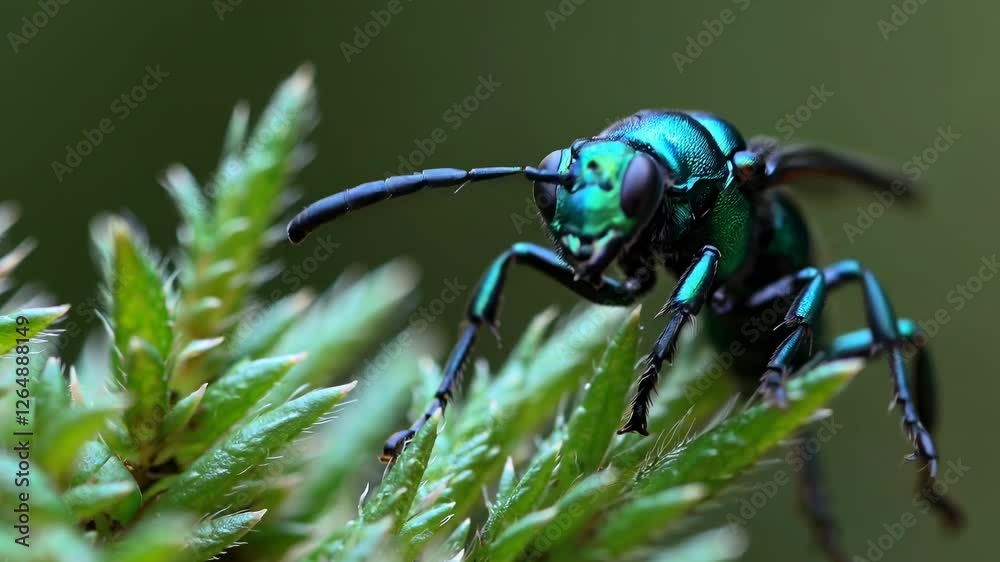 Aufkleber close-up view of a vibrant green insect on moss in a forest setting