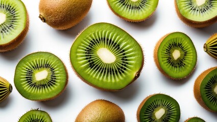 Fototapeta premium Fresh kiwi fruits arranged on a white background with some cut in half to reveal bright green flesh and black seeds Copy Space