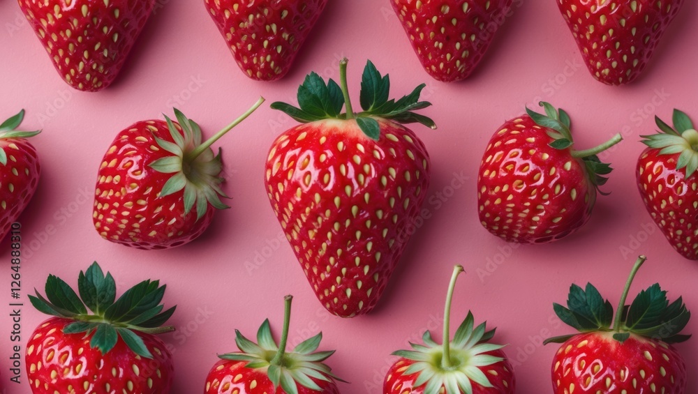 Aufkleber fresh red strawberries arranged on a pink background with one large strawberry in the center and cop