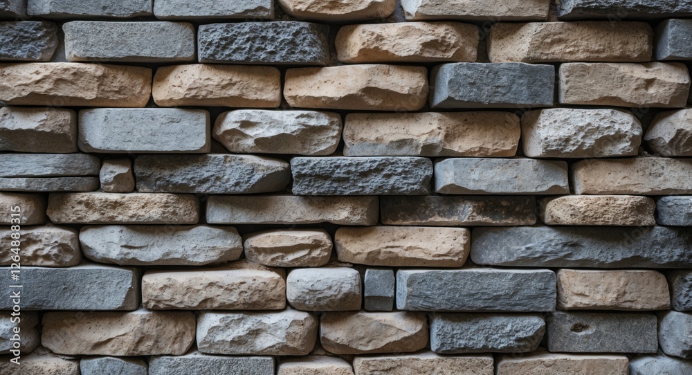 Aufkleber Textured stone wall with gray and beige bricks arranged in a random pattern suitable for backgrounds and architectural designs Copy Space