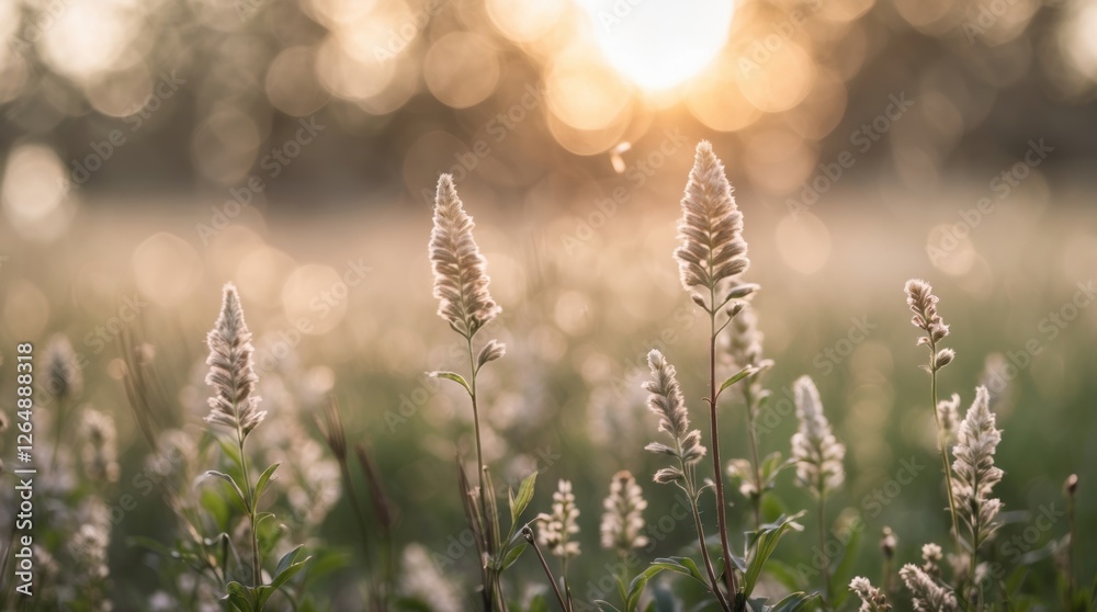Poster sunset over a field of fluffy flowers with green grass and bokeh background highlighting natural bea